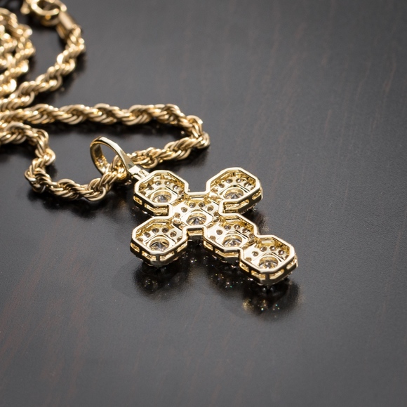 Mens 14K Gold Plated Iced Hip Hop Cz Elegant Cross Pendant  Hip Hop Cz Elegant Cross Pendant Necklace